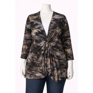 George Simonton Womens 3X Grey Multi Abstract Print Drape Front Cardigan with Ho